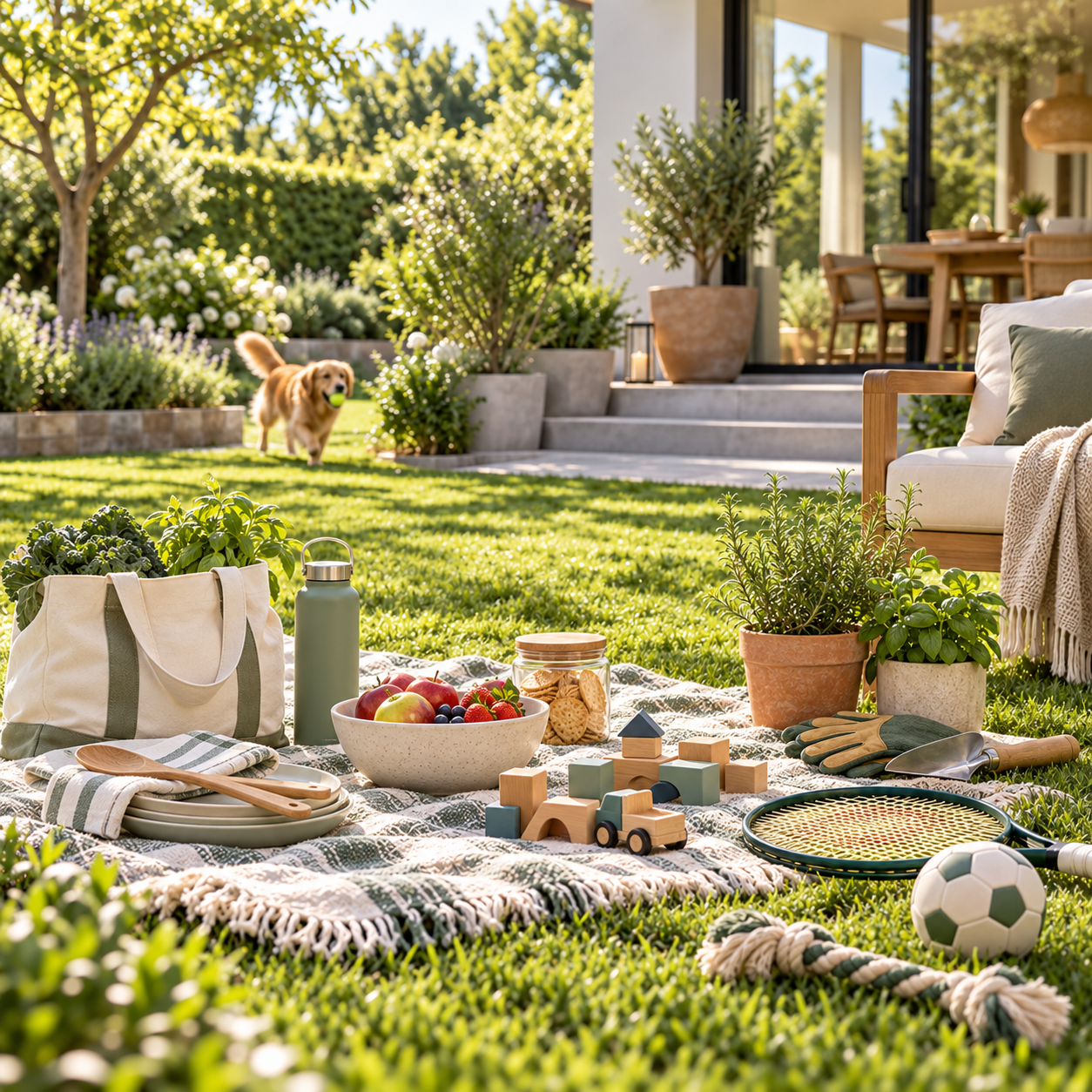 Everyday toys, kitchenware, groceries, sports and gardening items on a picnic mat, with a dog playing in the background