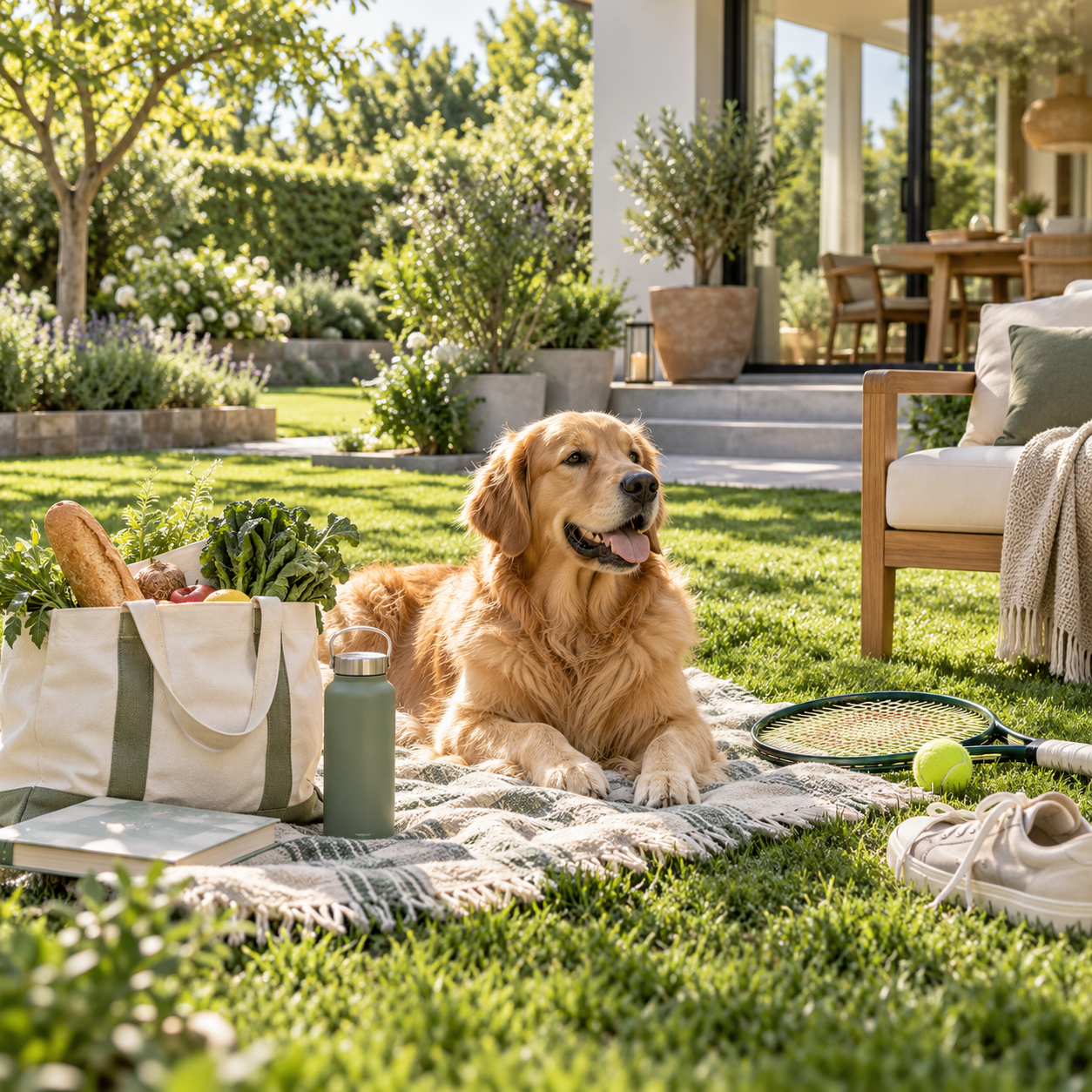 A dog relaxing in a garden beside sports gear, groceries and everyday outdoor essentials